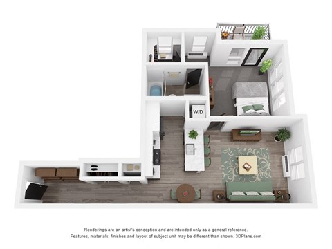 Floor plan for 1 bed, 1 bath, 675 sqft